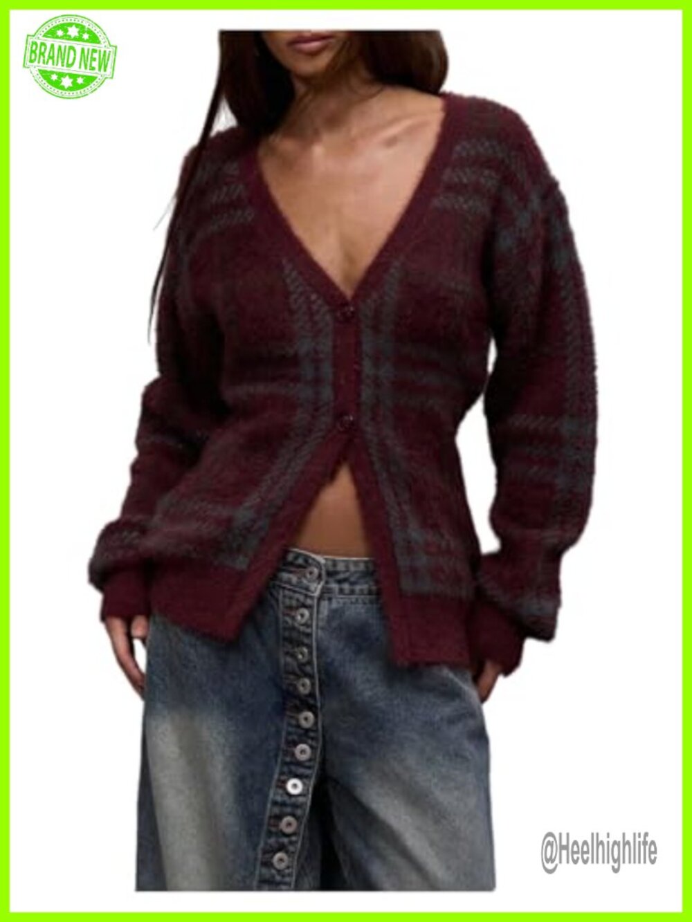 Fuzzy Knit Checkered Button Up Cardigan V Neck Long Sleeve Sweater